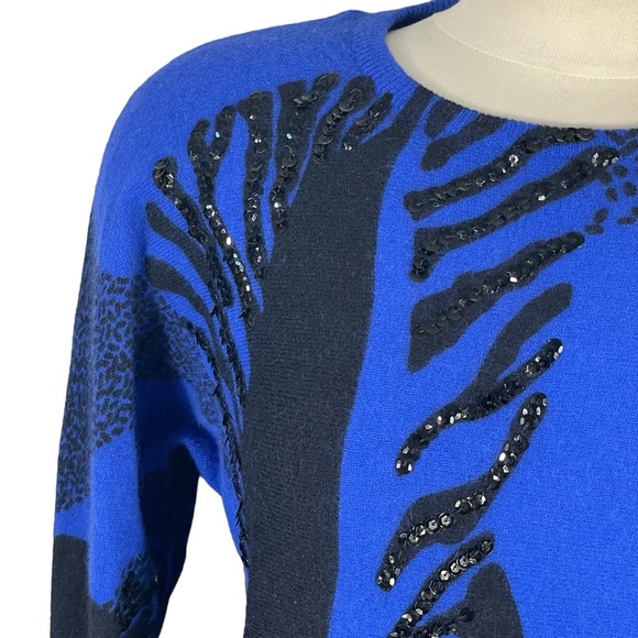Vintage 80’s Tiano Blue Black Wool Angora Sequin Embellished Sweater Sz M - Picture 3 of 11